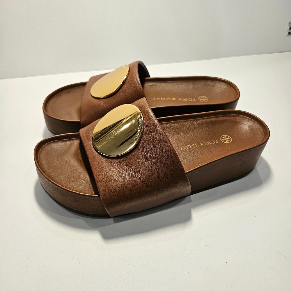 Tory Burch Patos Brown Leather Gold Medallion Platform Slide Sandals Womens 7